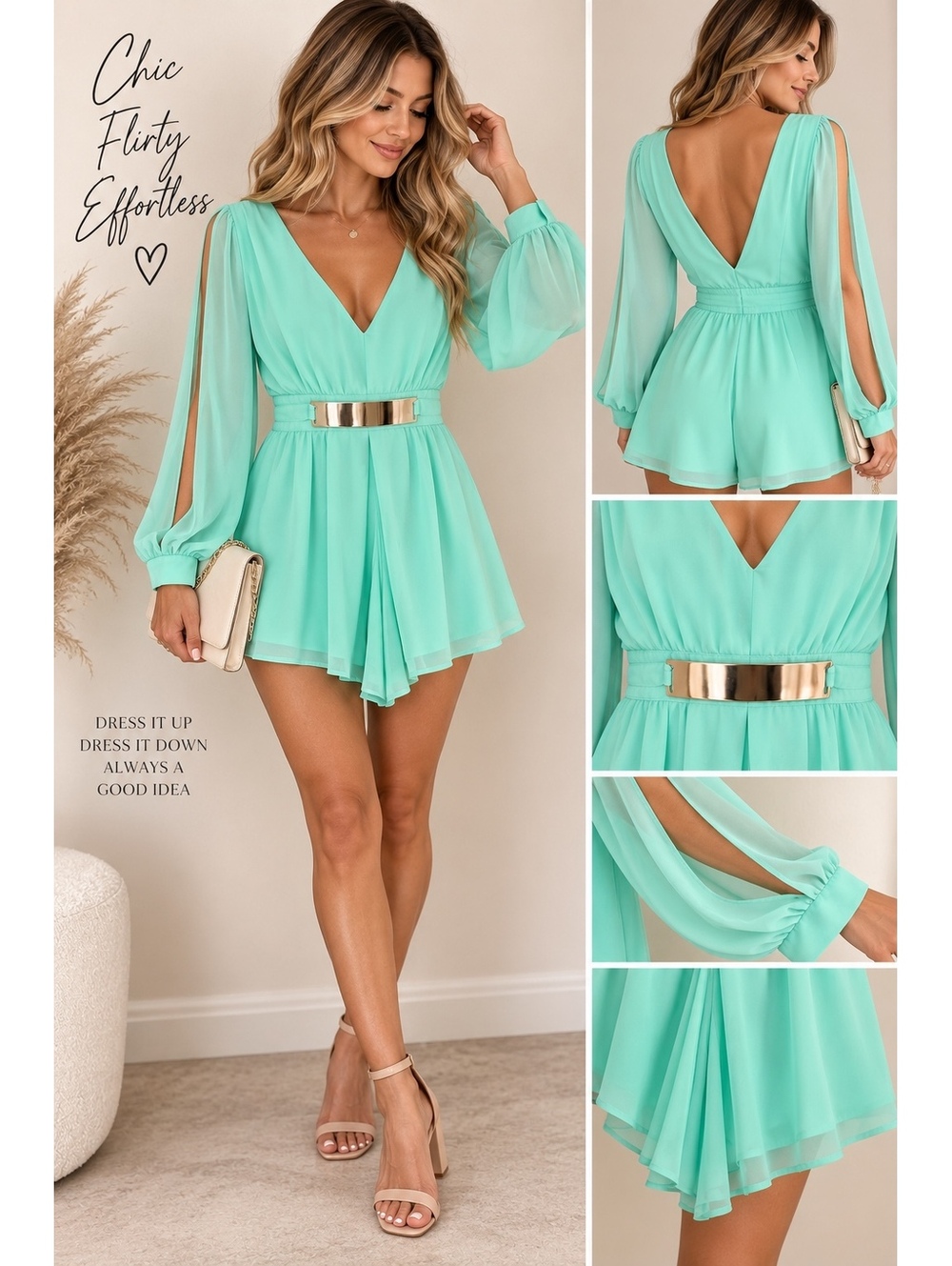 Parvenue Mint Green Long Sleeve Deep V-Neck Romper with Gold Belt - Size L